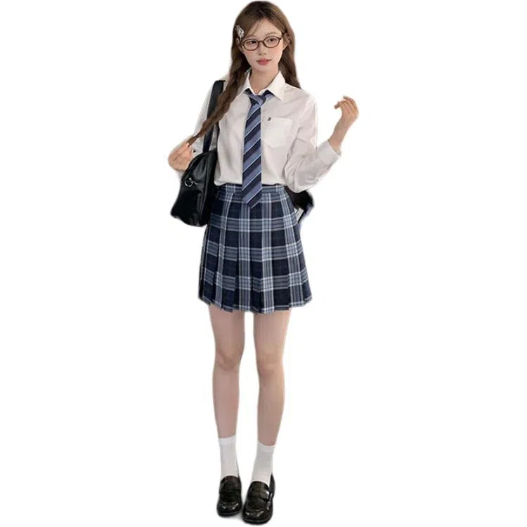 东鲸岁时记 长袖衬衫纯色基础款通勤学院风上衣小个子高腰半身裙裙装套装 女款