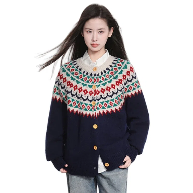 柏黛妃 费尔岛复古针织衫慵懒风加厚外穿长袖上衣 女款