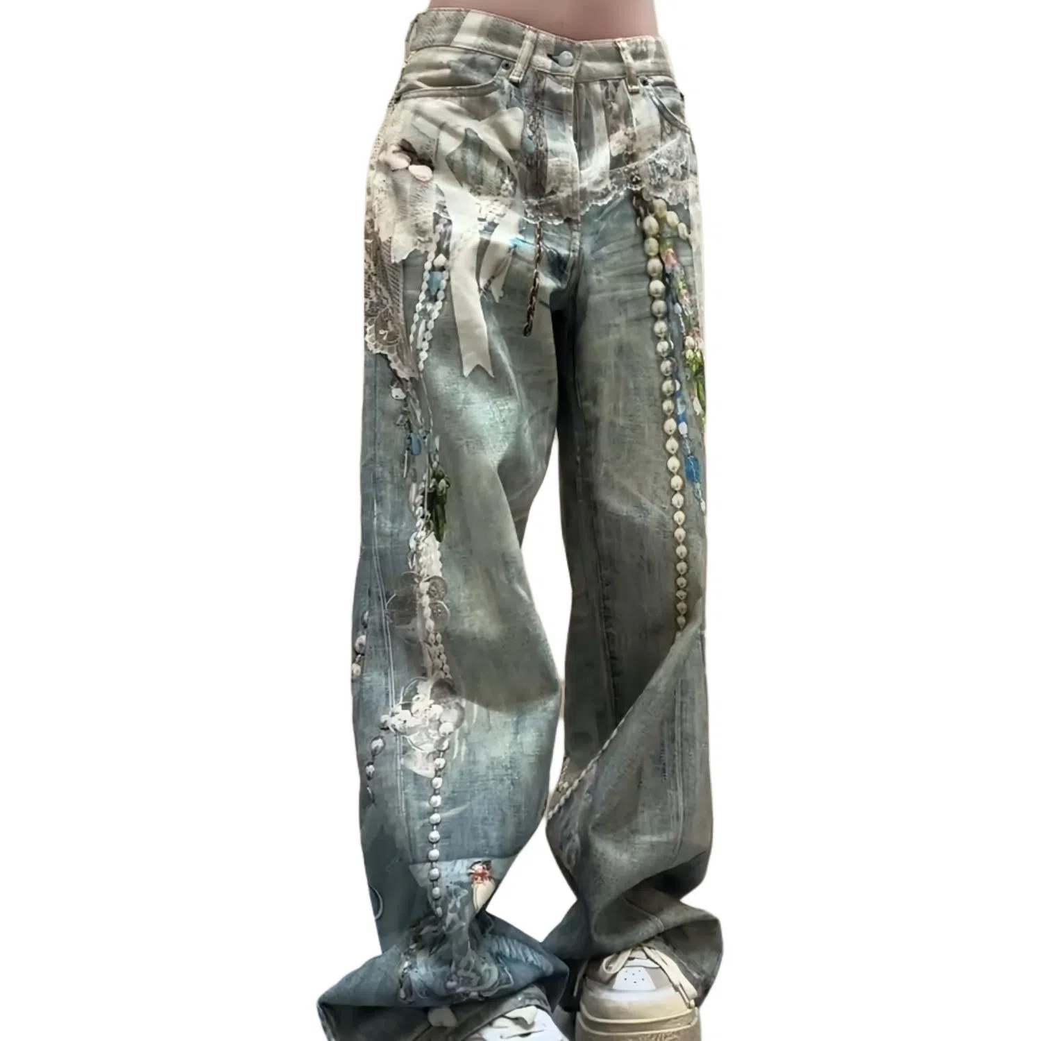 MORii 3D Digital Print Lace Pearl Chain Cargo Jeans