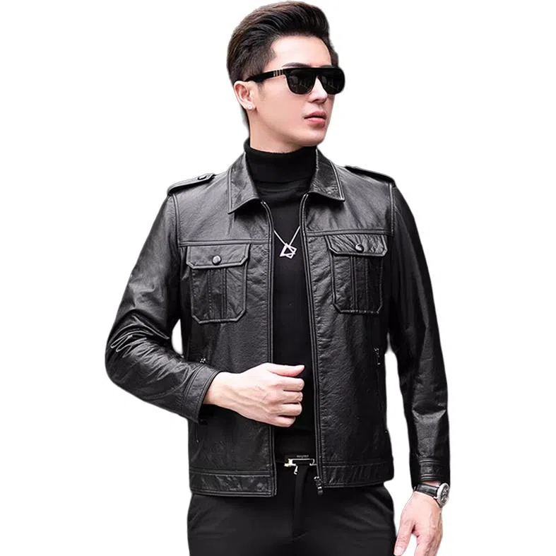 比利斯山羊 时尚简约翻领油蜡真皮皮衣 男女同款