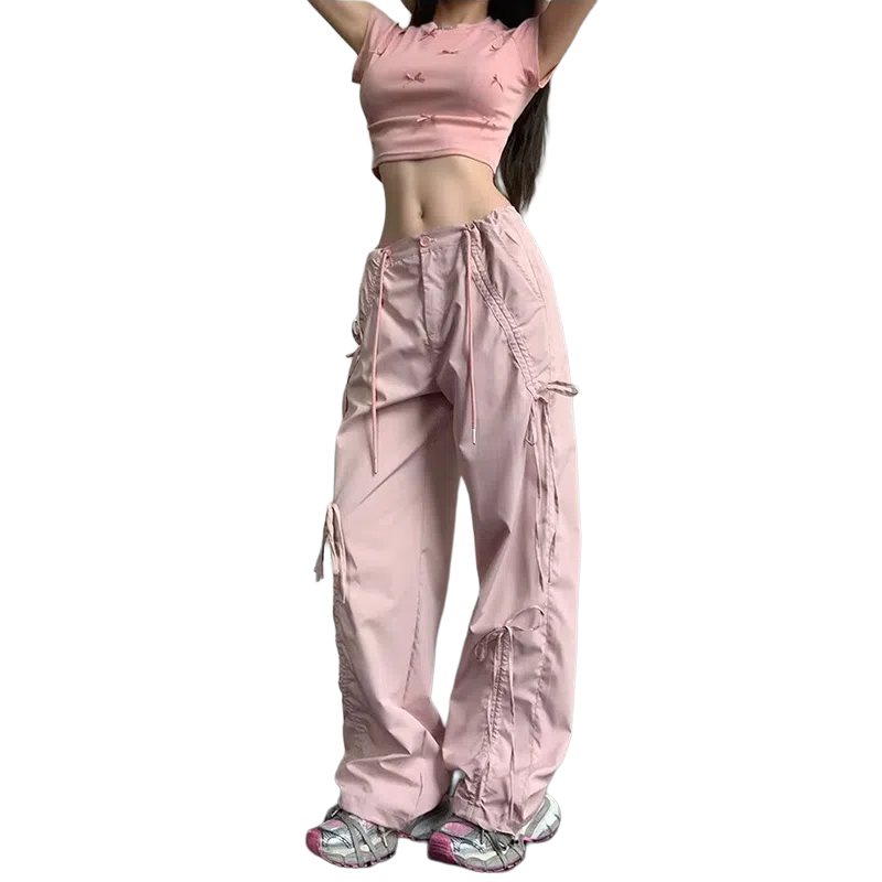 欧迪芬 甜酷辣妹潮流时尚爵士街舞美式设计感系绳蝴蝶结百搭显瘦宽松高腰阔腿裤工装裤 女款