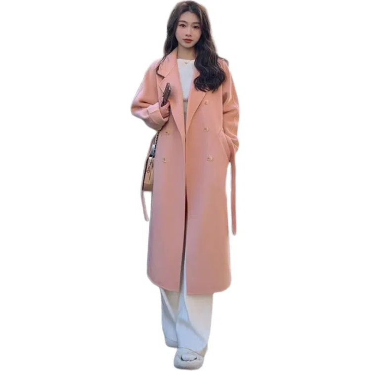 桴生 韩版宽松加厚中长款系带过膝显瘦直筒毛呢西服外套女大衣 女款