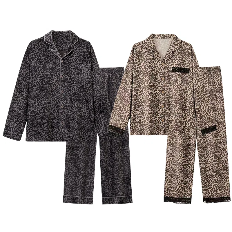 静英鸾 简约式豹纹休闲翻领舒适家居服睡衣套装 男女同款