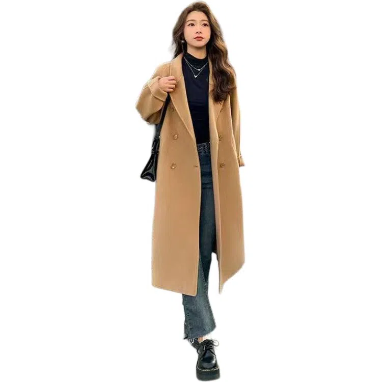 桴生 韩版宽松加厚中长款系带过膝显瘦直筒毛呢西服外套女大衣 女款
