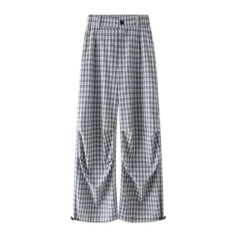 欧迪芬 美式褶皱做旧英伦风松弛直筒格子设计感宽松港风青春少年感流行高街韩系简约潮流痞帅时尚个性舒适透气百搭无性别休闲裤 男女同款