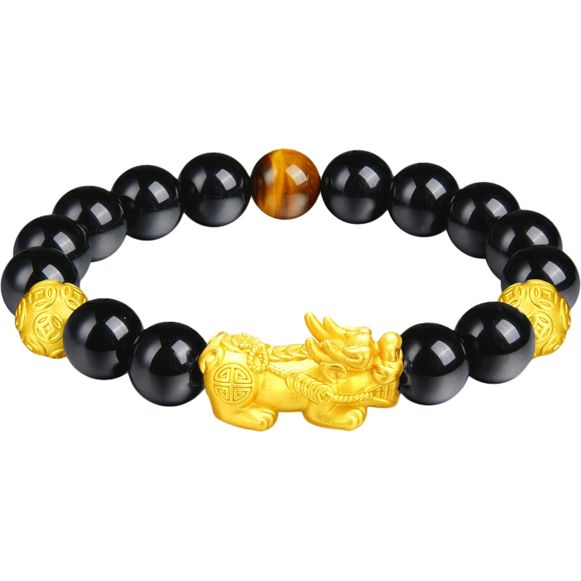 中国黄金 珍·尚银 新中式吞金兽貔貅 招财纳福 财源滚滚小众轻奢设计简约大气百搭 瑞兽铜钱 男友送礼礼物 礼盒 黑曜石 玉石手串 男款