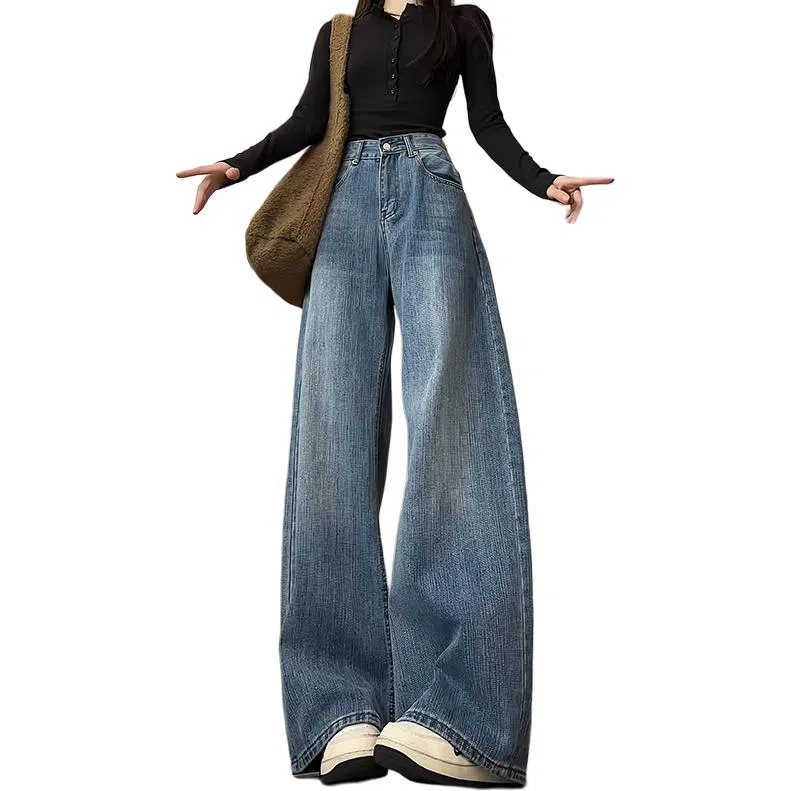 欧迪芬 复古蓝宽松显瘦小个子垂感长裤子阔腿牛仔裤 男女同款
