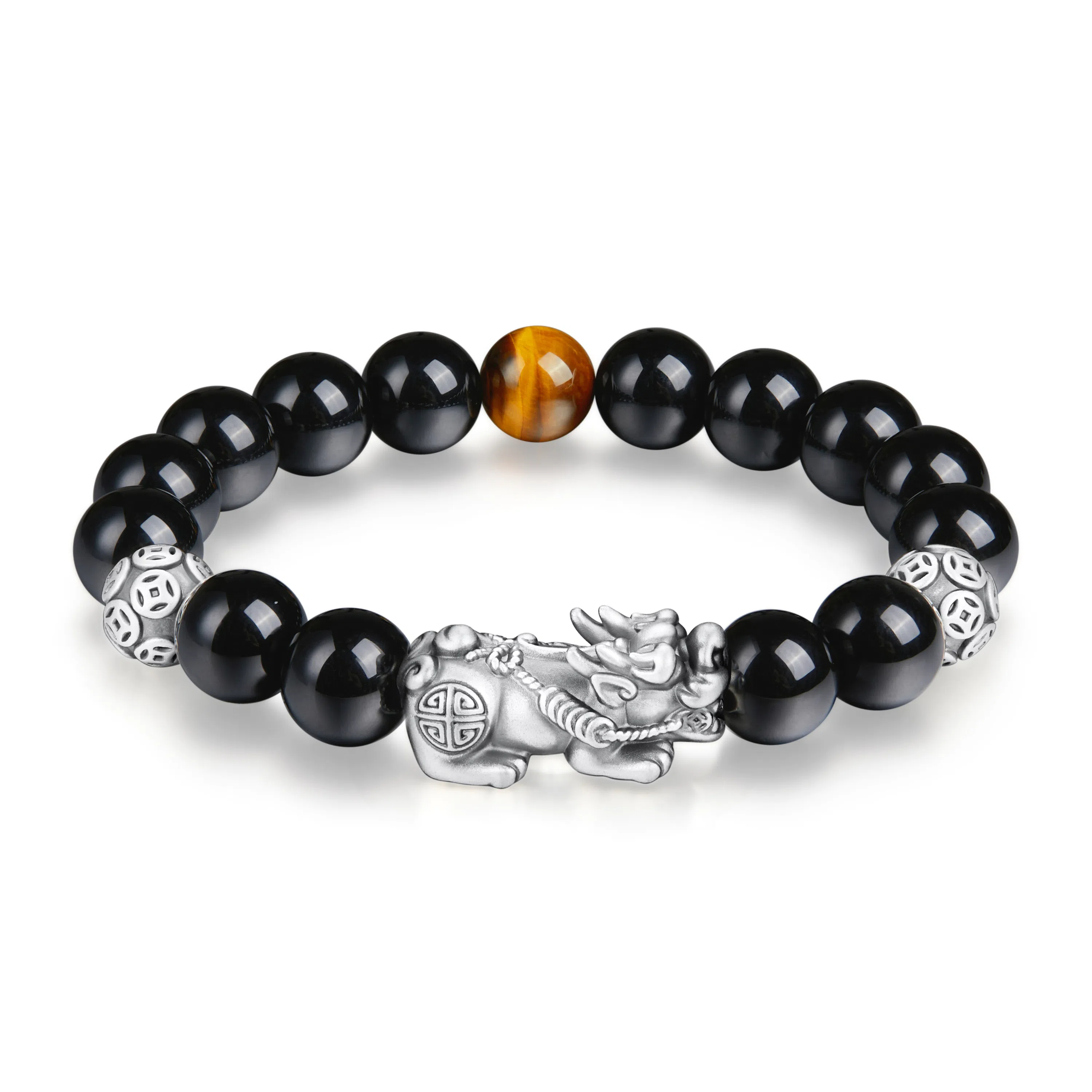 中国黄金 珍·尚银 新中式吞金兽貔貅 招财纳福 财源滚滚小众轻奢设计简约大气百搭 瑞兽铜钱 男友送礼礼物 礼盒 黑曜石 玉石手串 男款