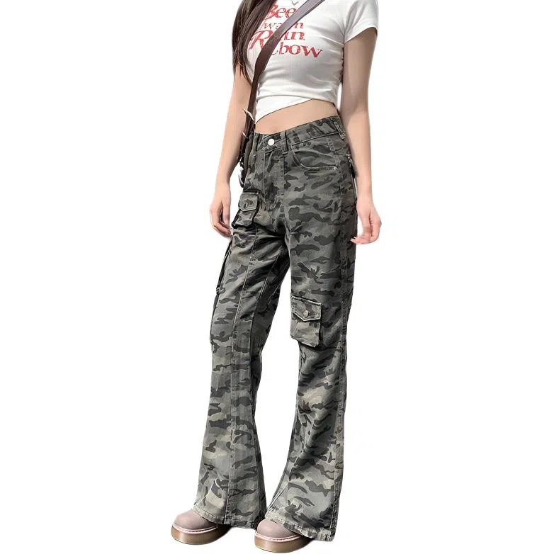 淑好百 迷彩工装夏季高腰牛仔裤 女款