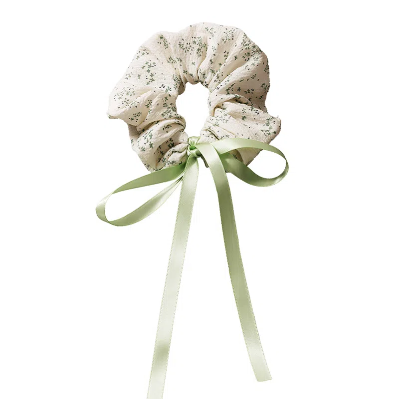 零界 绿色碎花大肠清新蝴蝶结织带发绳氛围感头饰#好运 聚酯纤维 发圈 男女同款情侣款