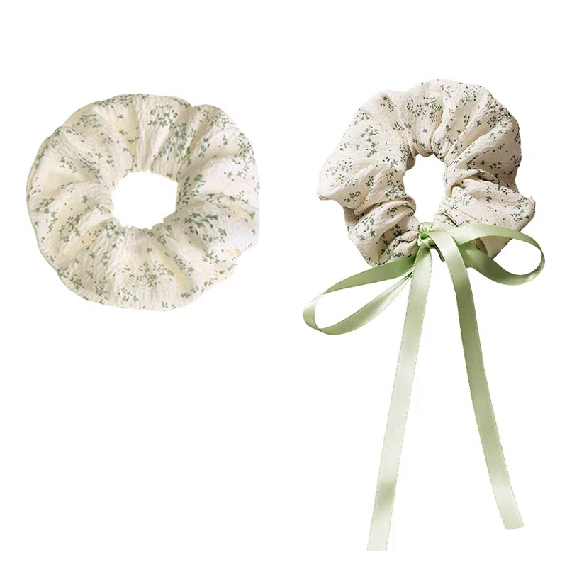 零界 绿色碎花大肠清新蝴蝶结织带发绳氛围感头饰#好运 聚酯纤维 发圈 男女同款情侣款