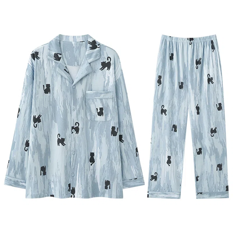 兰缪 纯棉男士春夏秋季宽松长袖长裤青少年可外穿大码家居服睡衣套装 男款