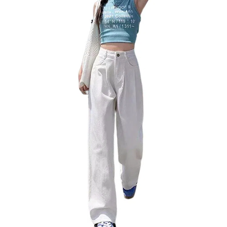 欧迪芬 韩式辣妹天菜小个子女神裤显瘦梨形身材白色皱褶窄版休闲裤子女士春夏秋显高腰遮肉直筒垂感拖地阔腿裤通勤百搭潮流女牛仔裤 女款