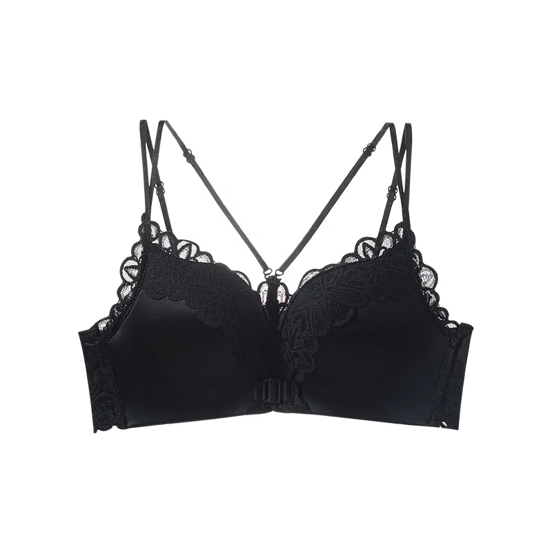 二三二三 前扣式豹纹蕾丝纯欲内衣柔软舒适聚拢有型防下垂侧收副乳呼吸感胸罩甜酷时尚百搭潮流无钢圈交叉细肩带文胸 女款