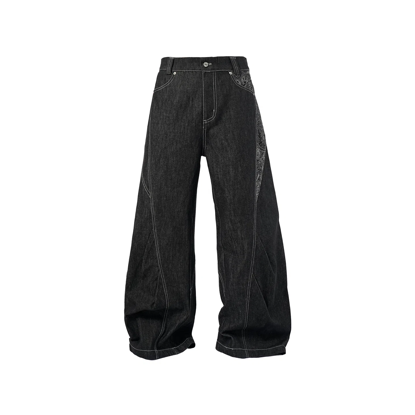 BENMYSHOWER Pleated Curved Denim Pants