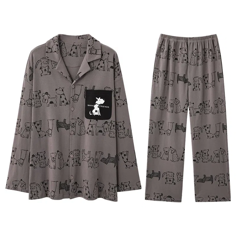 兰缪 翻领开衫可外穿男春夏秋款纯棉长袖男生薄款家居服睡衣套装 男款