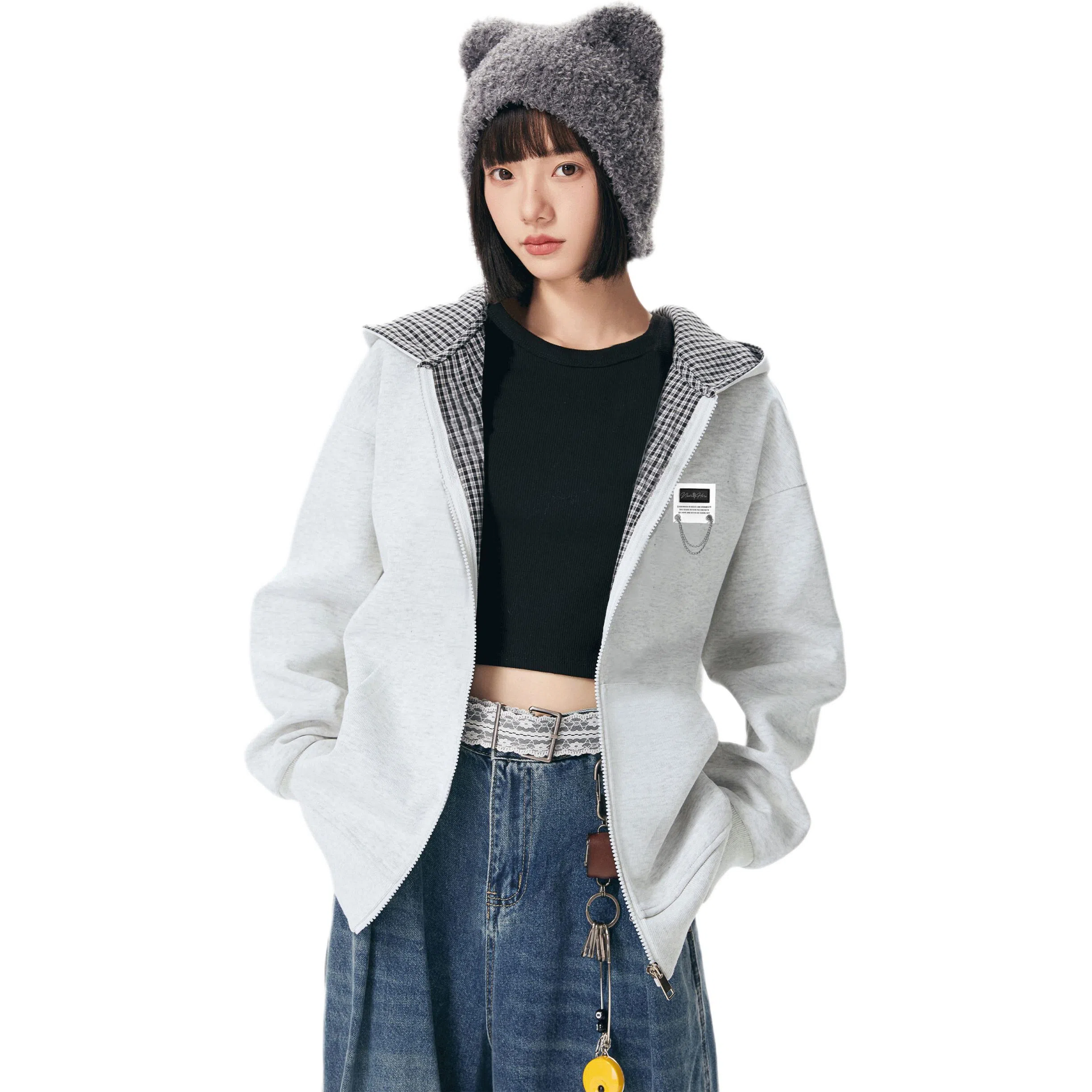 【回潮格纹】布客行 复古港风美式高街可拆卸胸针设计学院连帽落肩口袋拉链青少年开衫宽松休闲舒适百搭华棉长袖外套卫衣 男女同款