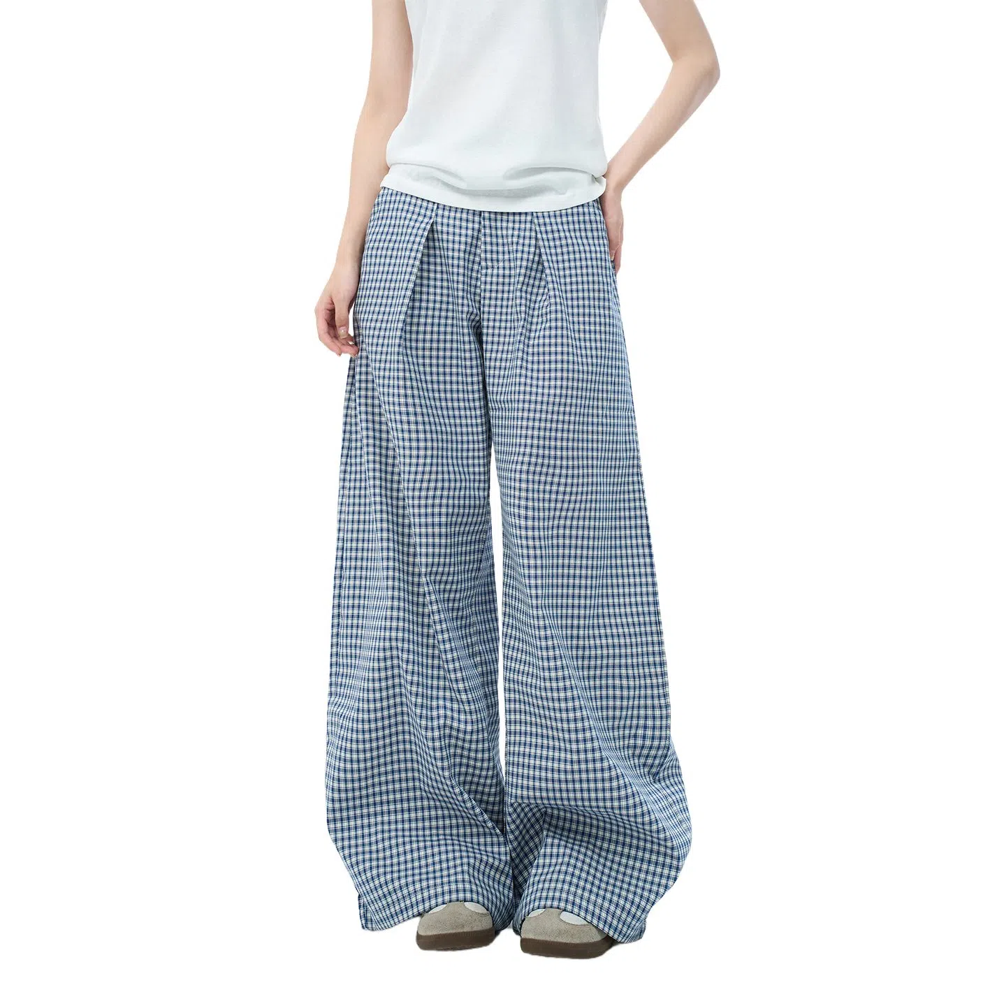 柏黛妃 格子高腰拖地阔腿休闲裤宽松直筒长裤小个子裤子 女款