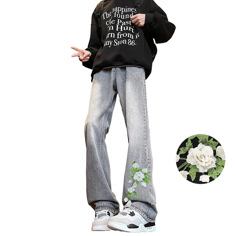 【万针刺绣立体花卉】布客行 重工美式复古水洗直筒基础款高街舒适亲肤透气休闲百搭微喇纯色长裤显高显瘦显腿长弹力牛仔裤 男女同款