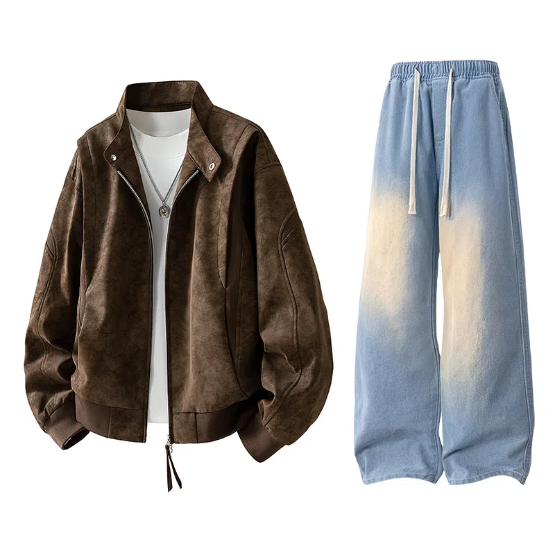 【绒感雾花皮外套裤子一套】布客行 美拉德立领拼接结构美式复古高街夹克直筒水洗做旧微喇基础款松紧腰抽绳牛仔裤休闲运动套装 男女同款
