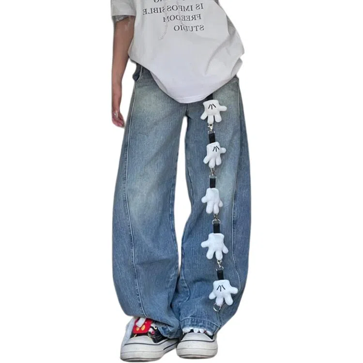 识恩 阔腿高腰宽松时尚适中牛仔裤 女款