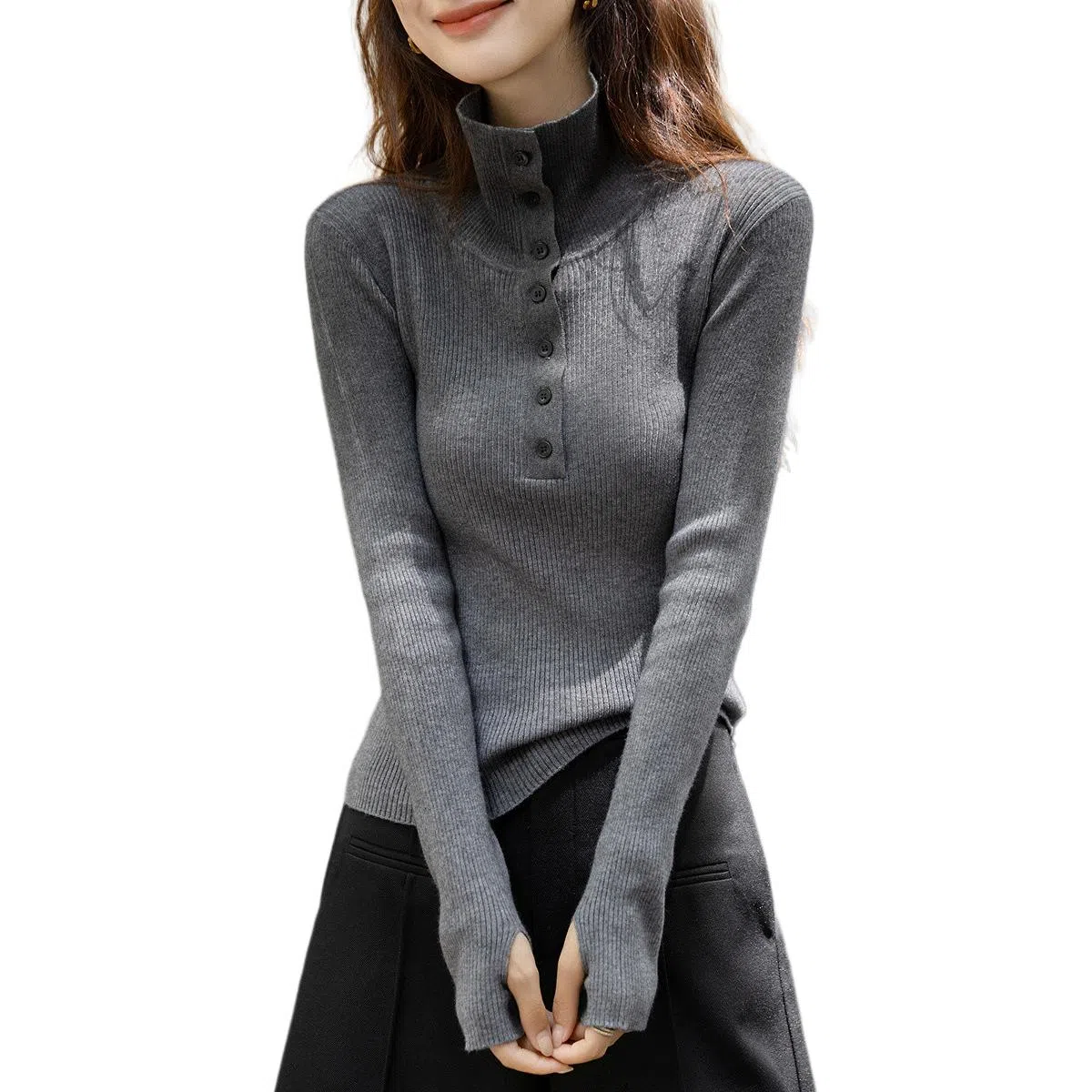 【dme】 秋季高智感钉扣翻领线衫纤绒纱气质优雅简约舒适修身百搭针织衫 女款