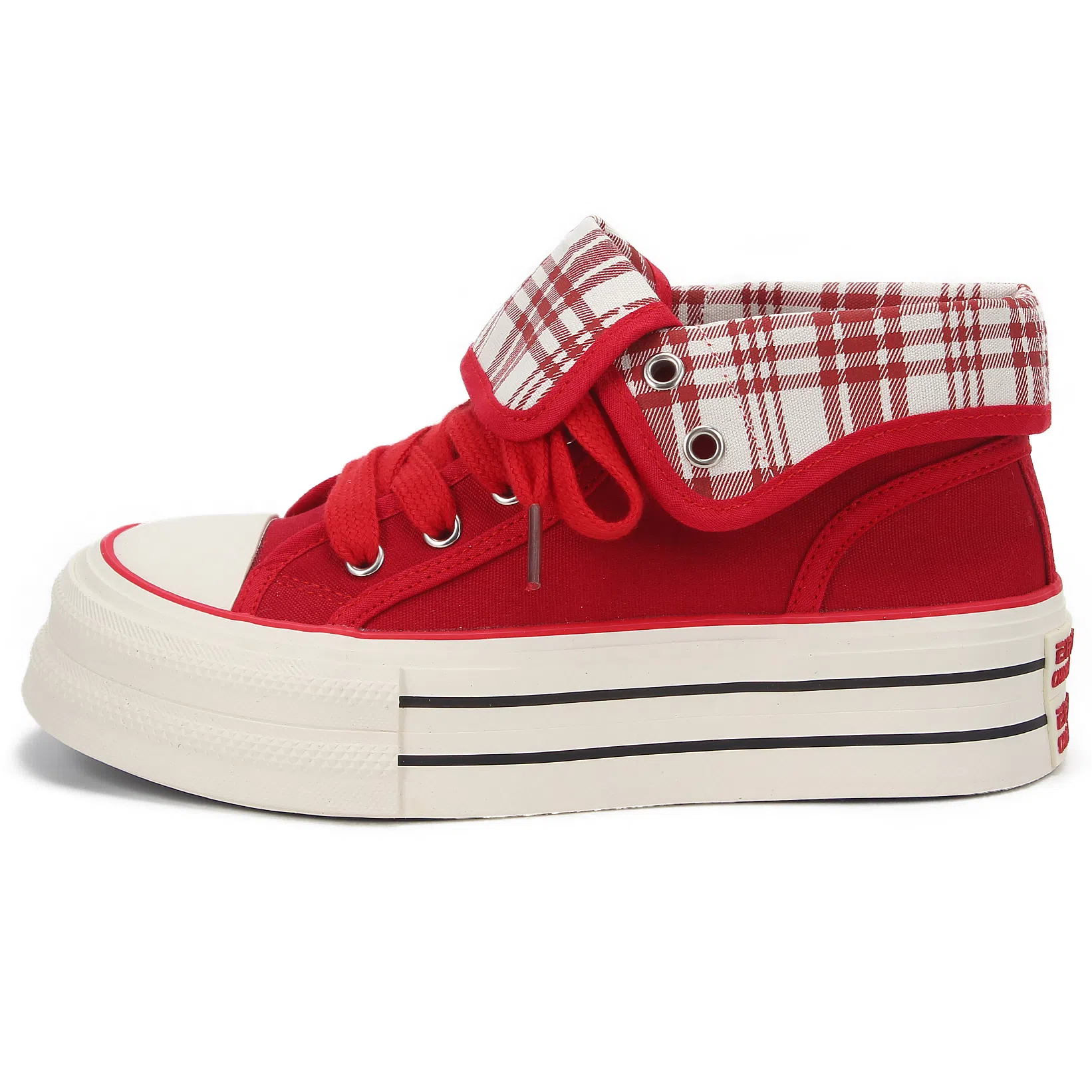 韩系小众百搭翻边格纹学院风舒适轻便防滑休闲运动两穿 耐磨增高减震 高帮 帆布鞋 女款