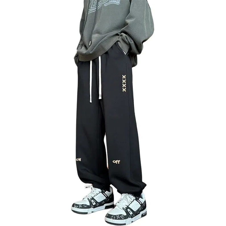 顶峰保罗 美式潮牌字母直筒阔腿高级设计感卫裤无性别主义潮流百搭宽松大码运动束脚休闲裤 男女同款