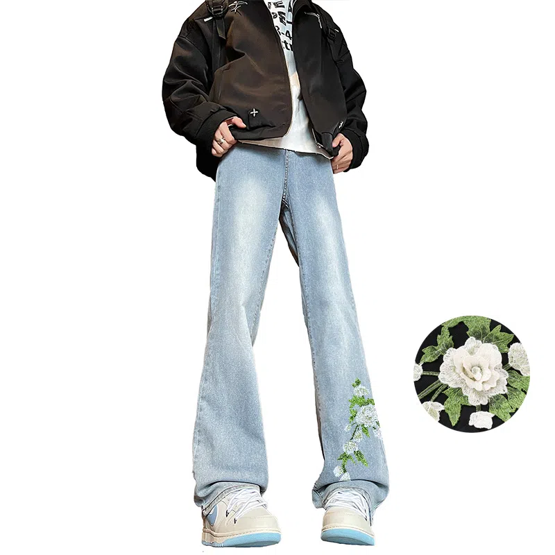 【万针刺绣立体花卉】布客行 重工美式复古水洗直筒基础款高街舒适亲肤透气休闲百搭微喇纯色长裤显高显瘦显腿长弹力牛仔裤 男女同款