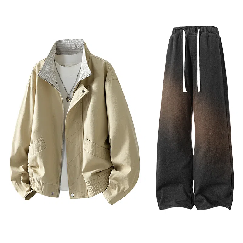 【水洗猫眼外套裤子一套】布客行 美式格子翻领美拉德复古高街上衣夹克直筒做旧微喇基础款抽绳松紧腰牛仔裤休闲运动套装 男女同款