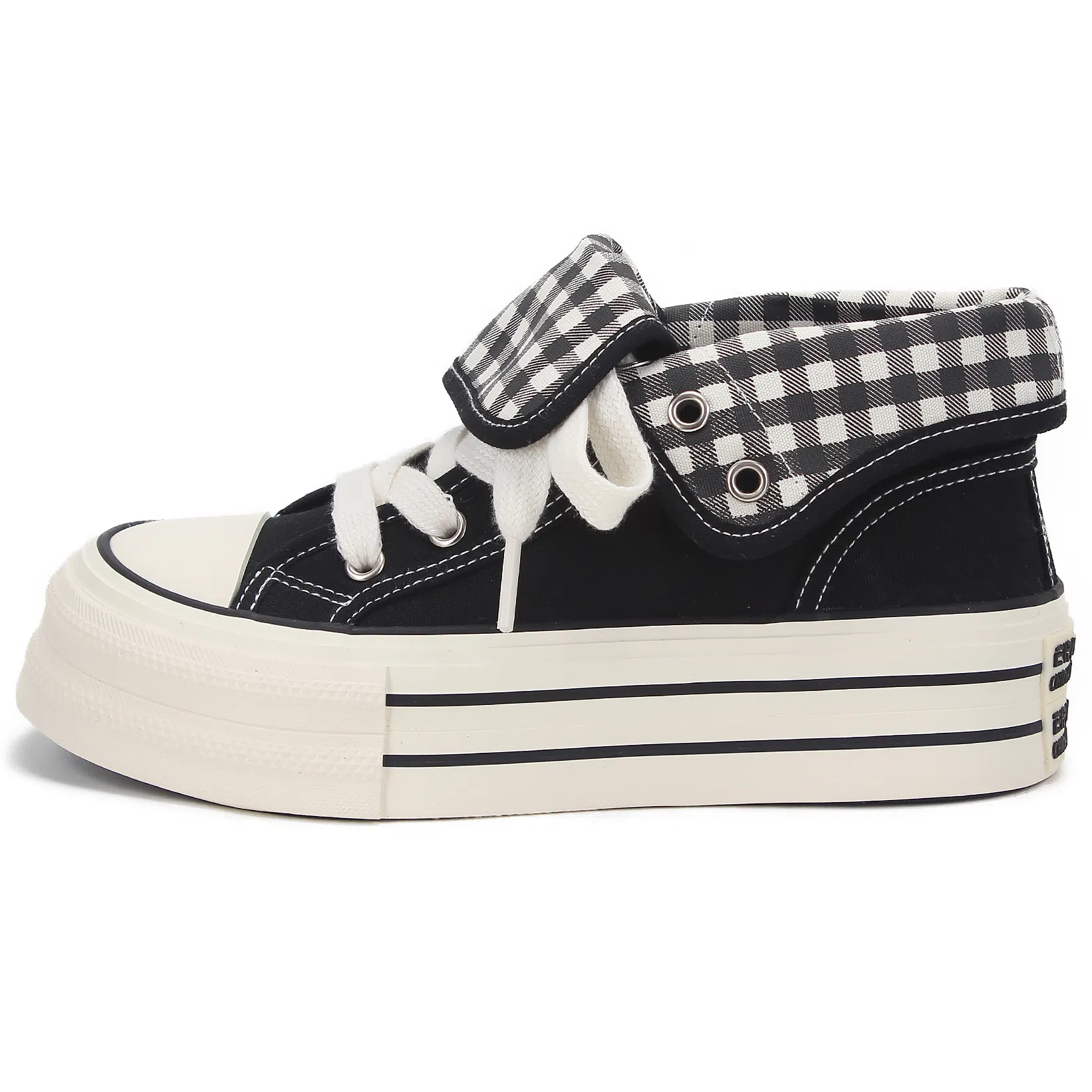 韩系小众百搭翻边格纹学院风舒适轻便防滑休闲运动两穿 耐磨增高减震 高帮 帆布鞋 女款