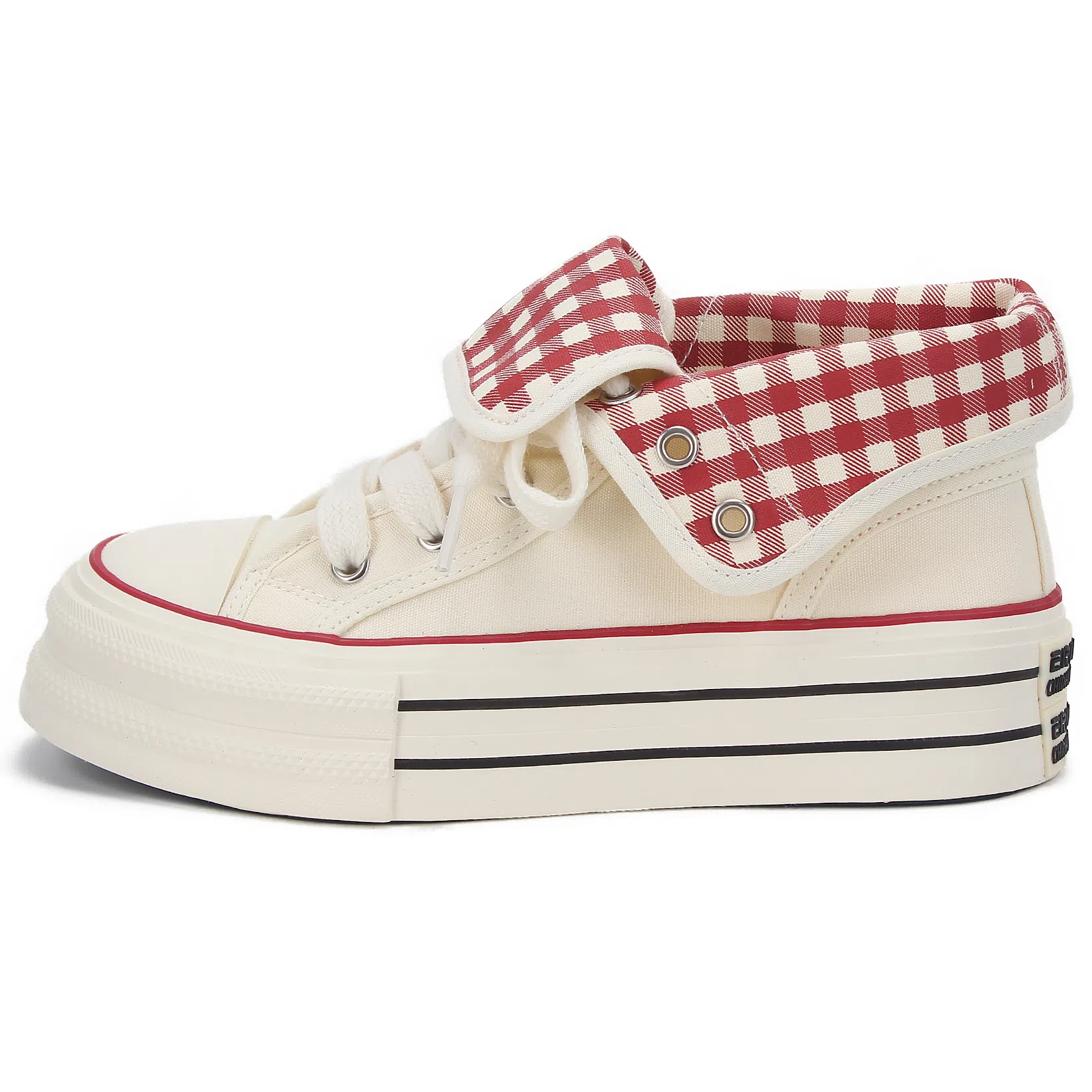 韩系小众百搭翻边格纹学院风舒适轻便防滑休闲运动两穿 耐磨增高减震 高帮 帆布鞋 女款