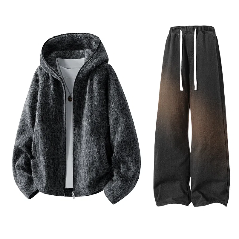 【粗纺仿羊绒外套裤子一套】布客行 连帽高街绒感保暖美式复古上衣夹克直筒水洗做旧微喇基础款松紧腰抽绳牛仔裤休闲运动套装 男女同款