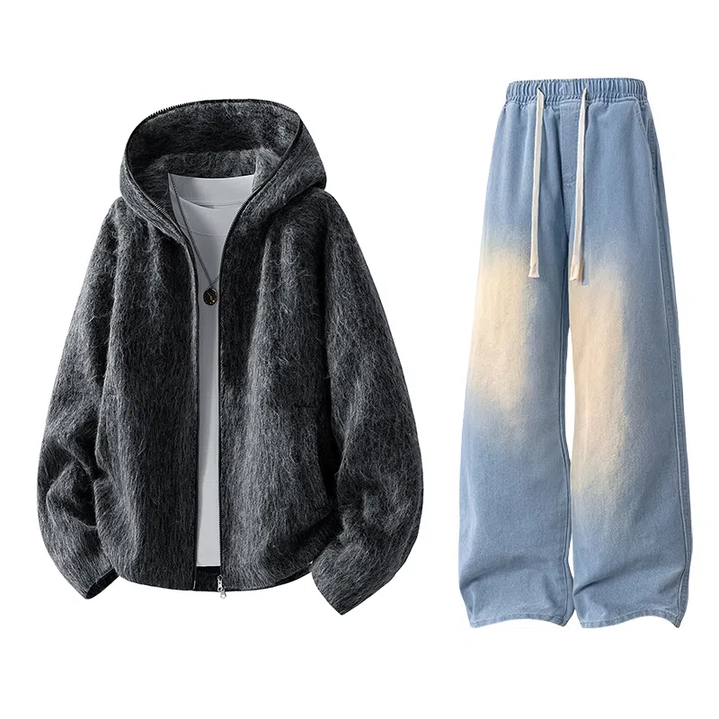 【粗纺仿羊绒外套裤子一套】布客行 连帽高街绒感保暖美式复古上衣夹克直筒水洗做旧微喇基础款松紧腰抽绳牛仔裤休闲运动套装 男女同款