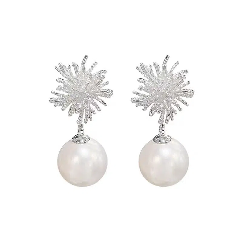 澜耀 银色烟花珍珠耳坠 小众素款欧若精灵风高级感耳饰 合金 耳环 女款