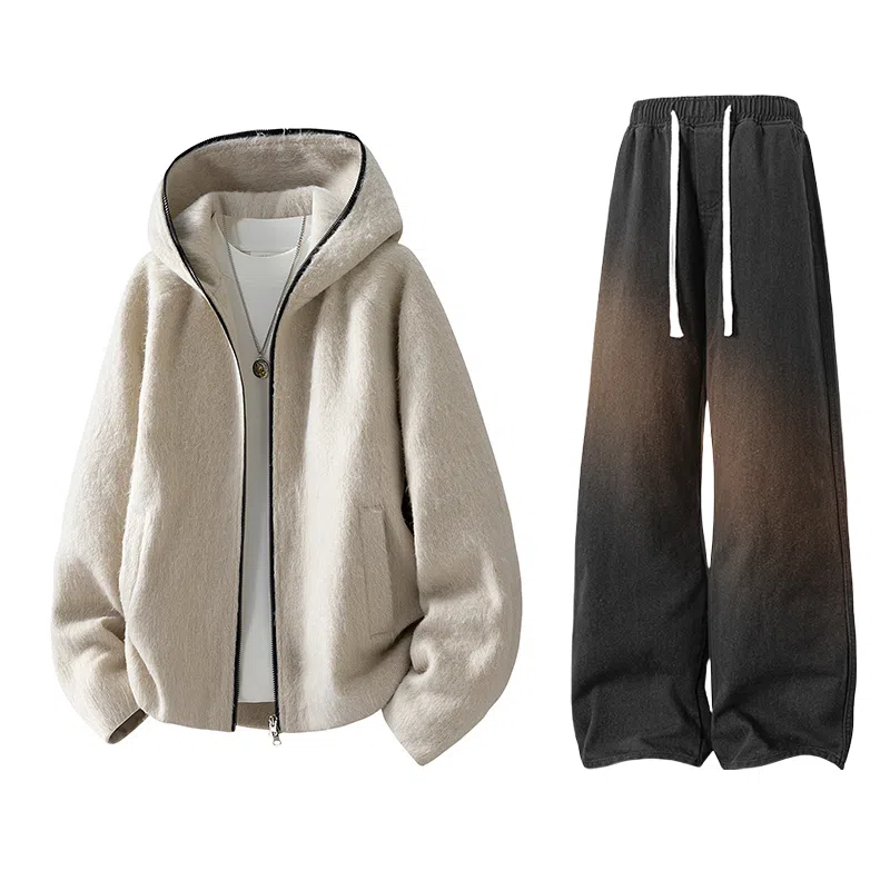 【粗纺仿羊绒外套裤子一套】布客行 连帽高街绒感保暖美式复古上衣夹克直筒水洗做旧微喇基础款松紧腰抽绳牛仔裤休闲运动套装 男女同款