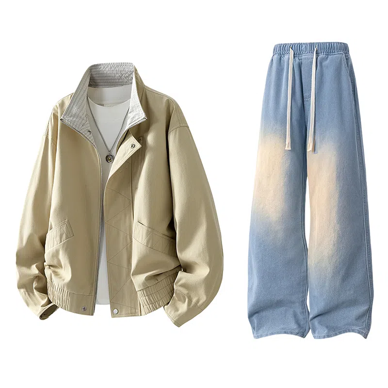 【水洗猫眼外套裤子一套】布客行 美式格子翻领美拉德复古高街上衣夹克直筒做旧微喇基础款抽绳松紧腰牛仔裤休闲运动套装 男女同款