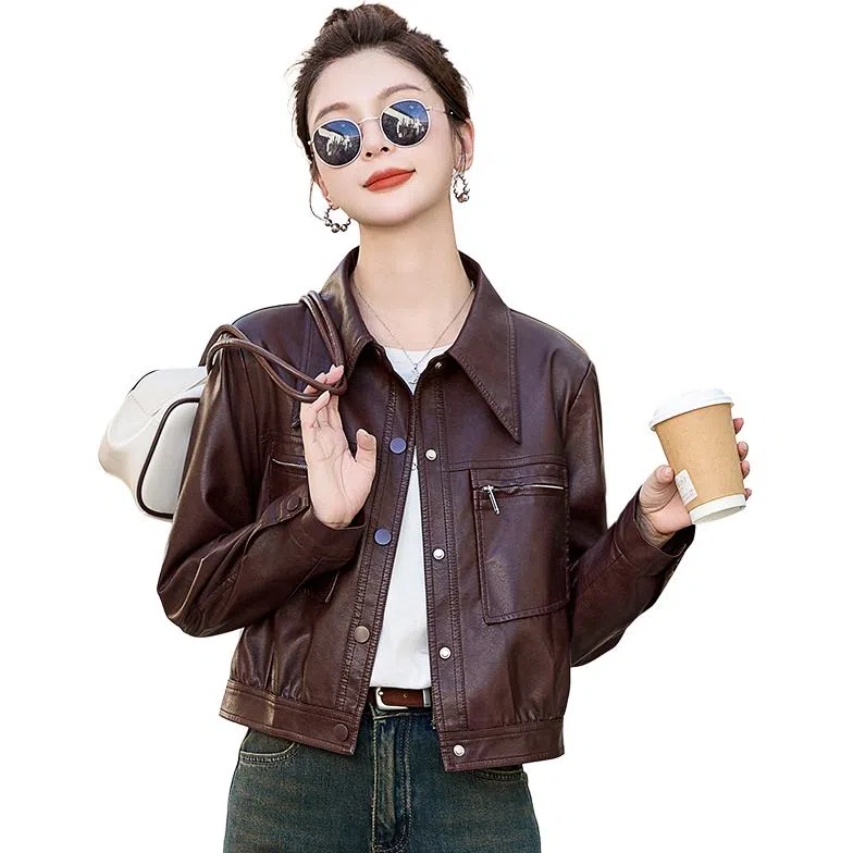 稻草人 时尚复古休闲潮流短款秋外套皮衣 女款