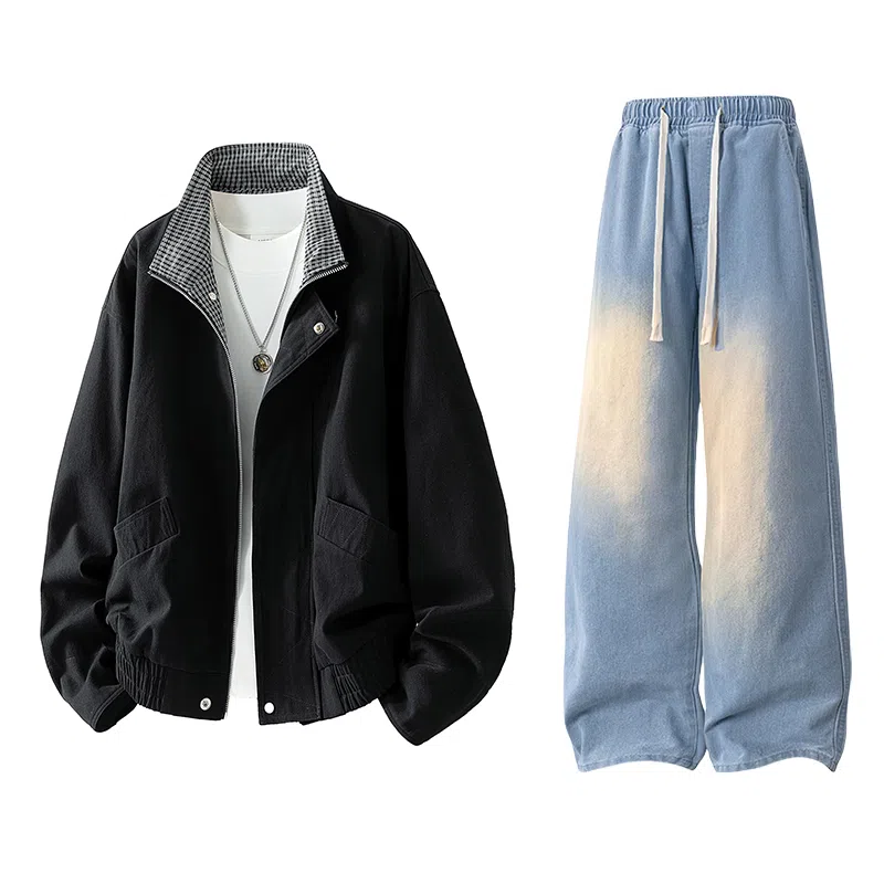 【水洗猫眼外套裤子一套】布客行 美式格子翻领美拉德复古高街上衣夹克直筒做旧微喇基础款抽绳松紧腰牛仔裤休闲运动套装 男女同款