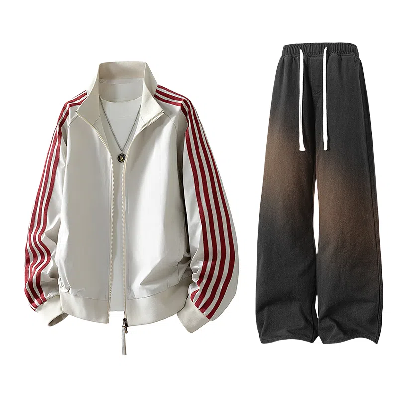 【防泼水外套裤子一套】布客行 三条杆条纹螺纹立领美式复古高街上衣夹克直筒水洗做旧微喇基础款松紧腰抽绳牛仔裤休闲运动套装 男女同款