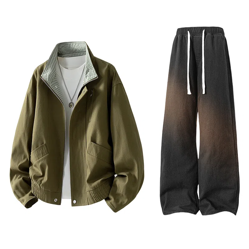 【水洗猫眼外套裤子一套】布客行 美式格子翻领美拉德复古高街上衣夹克直筒做旧微喇基础款抽绳松紧腰牛仔裤休闲运动套装 男女同款