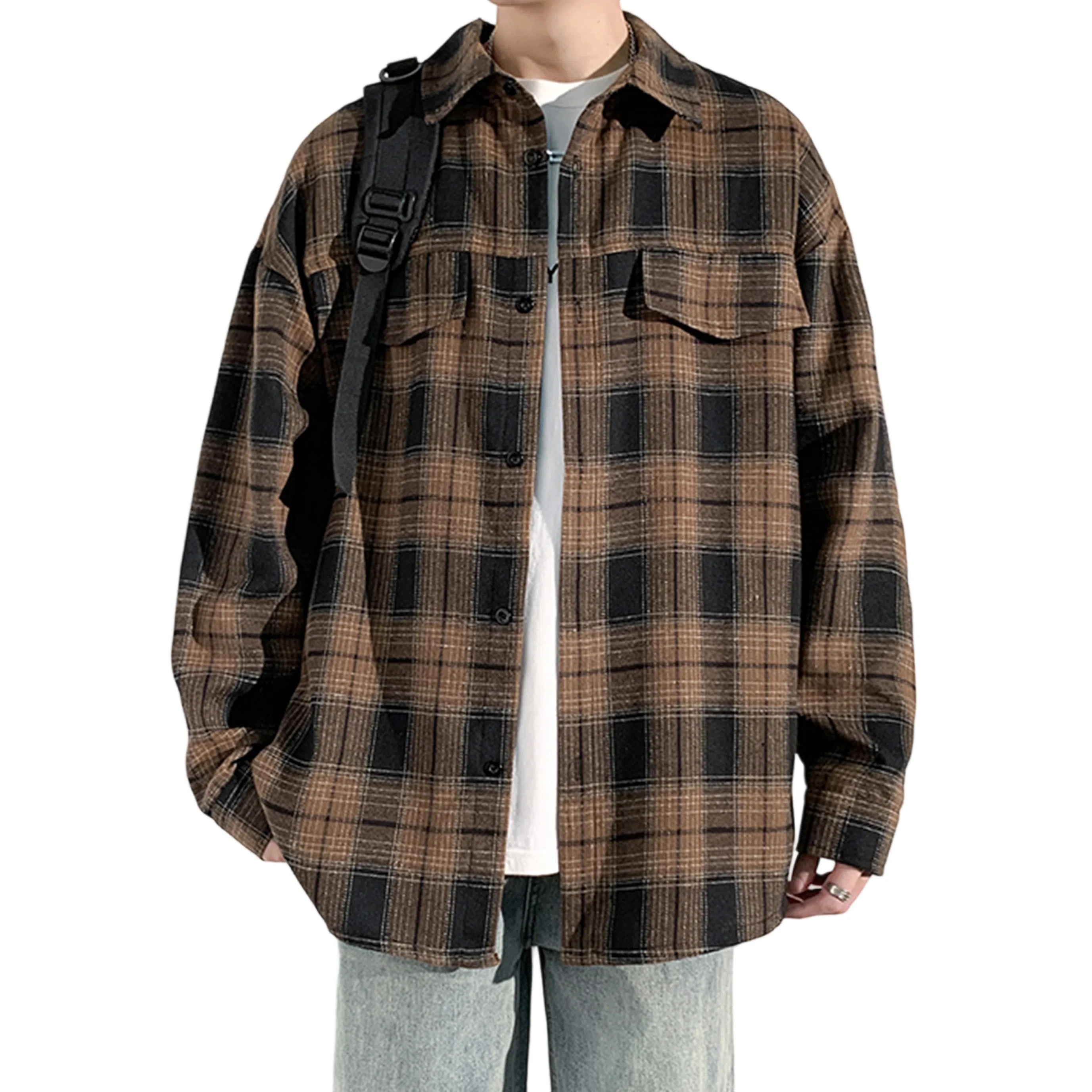 冈哉 港风复古格子双口袋拼接翻领单排扣设计美式潮流宽松松弛感衬衣外套外穿内搭叠穿休闲通勤长袖衬衫 男女同款