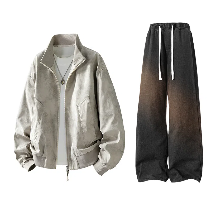 布客行 拼接美式复古高街夹克直筒水洗做旧微喇抽绳牛仔裤休闲运动套装 男女同款