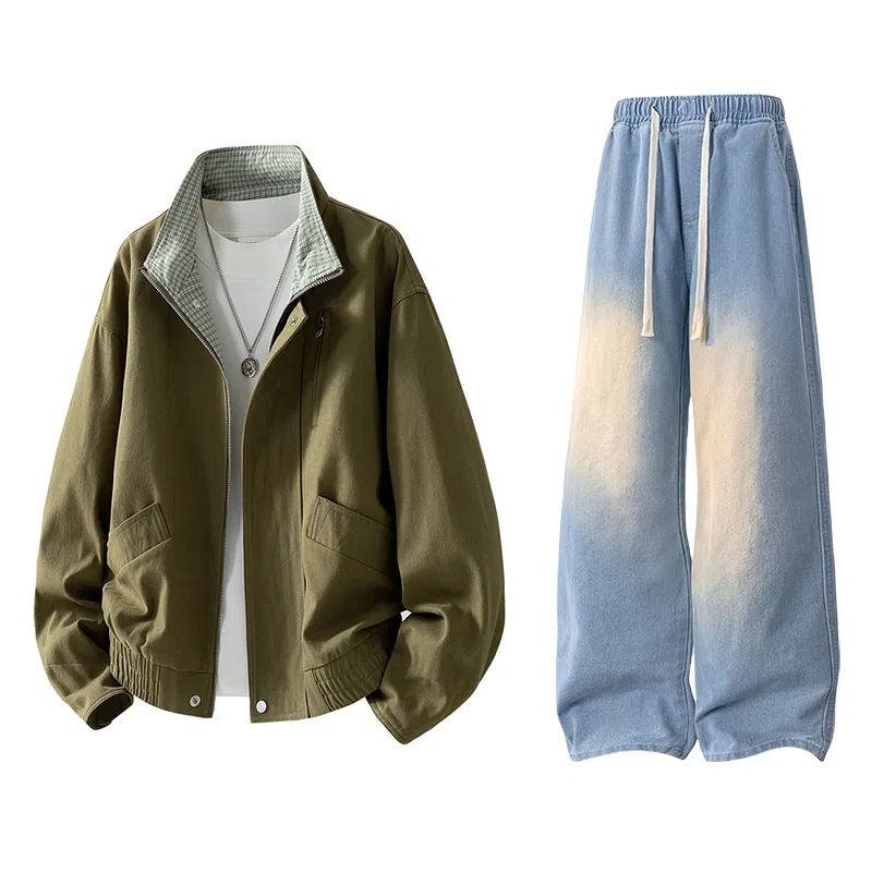 【水洗猫眼外套裤子一套】布客行 美式格子翻领美拉德复古高街上衣夹克直筒做旧微喇基础款抽绳松紧腰牛仔裤休闲运动套装 男女同款