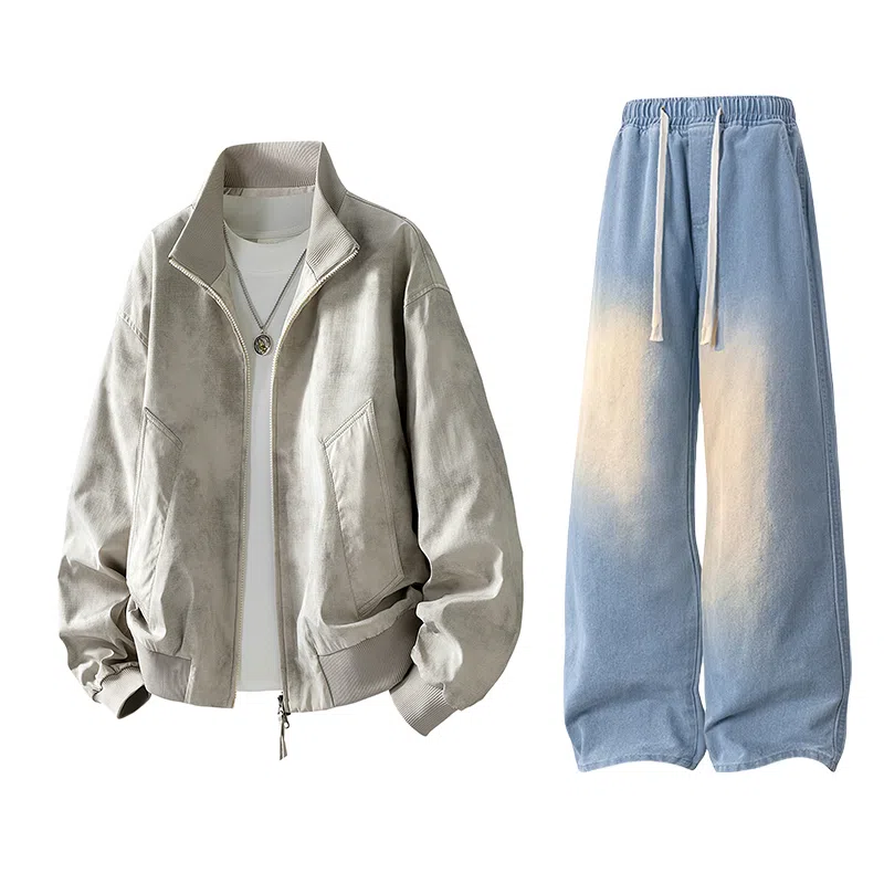布客行 拼接美式复古高街夹克直筒水洗做旧微喇抽绳牛仔裤休闲运动套装 男女同款