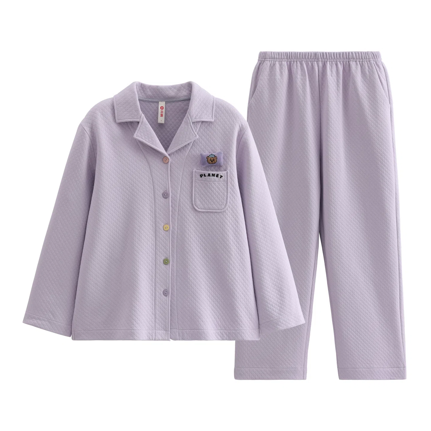 芬腾 空气棉夹层针织薄夹棉春秋款女大学生长袖长裤家居服睡衣套装 女款