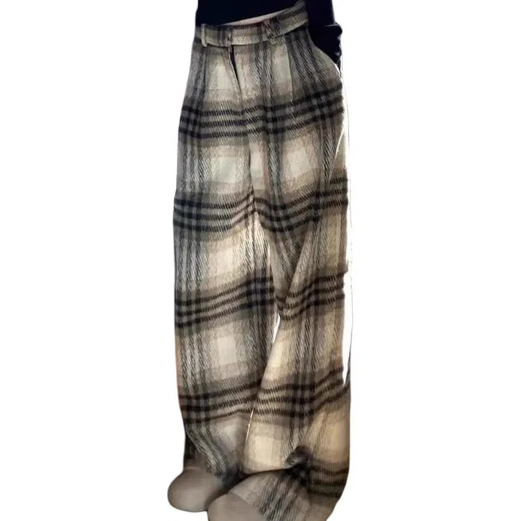 欧迪芬  贵夫人 美式复古高街毛呢格子直筒阔腿休闲裤 女款