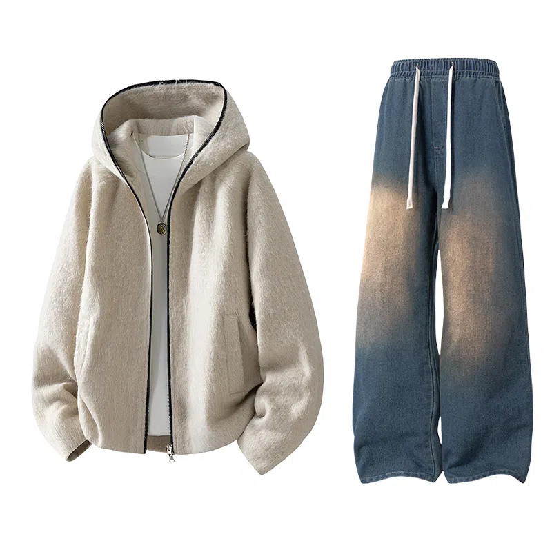 【粗纺仿羊绒外套裤子一套】布客行 连帽高街绒感保暖美式复古上衣夹克直筒水洗做旧微喇基础款松紧腰抽绳牛仔裤休闲运动套装 男女同款