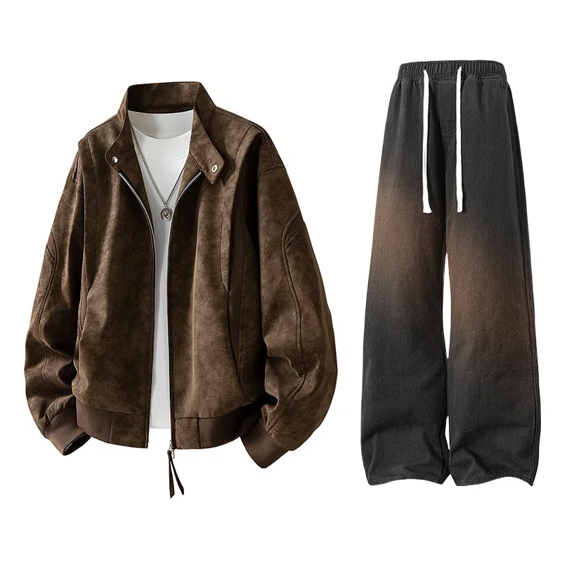 【绒感雾花皮外套裤子一套】布客行 美拉德立领拼接结构美式复古高街夹克直筒水洗做旧微喇基础款松紧腰抽绳牛仔裤休闲运动套装 男女同款