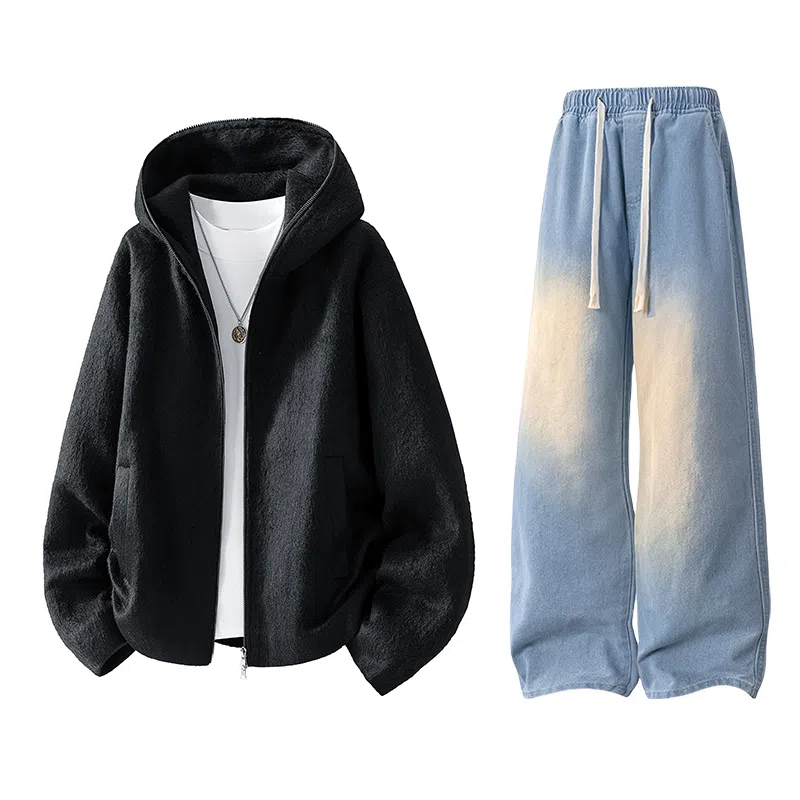 【粗纺仿羊绒外套裤子一套】布客行 连帽高街绒感保暖美式复古上衣夹克直筒水洗做旧微喇基础款松紧腰抽绳牛仔裤休闲运动套装 男女同款